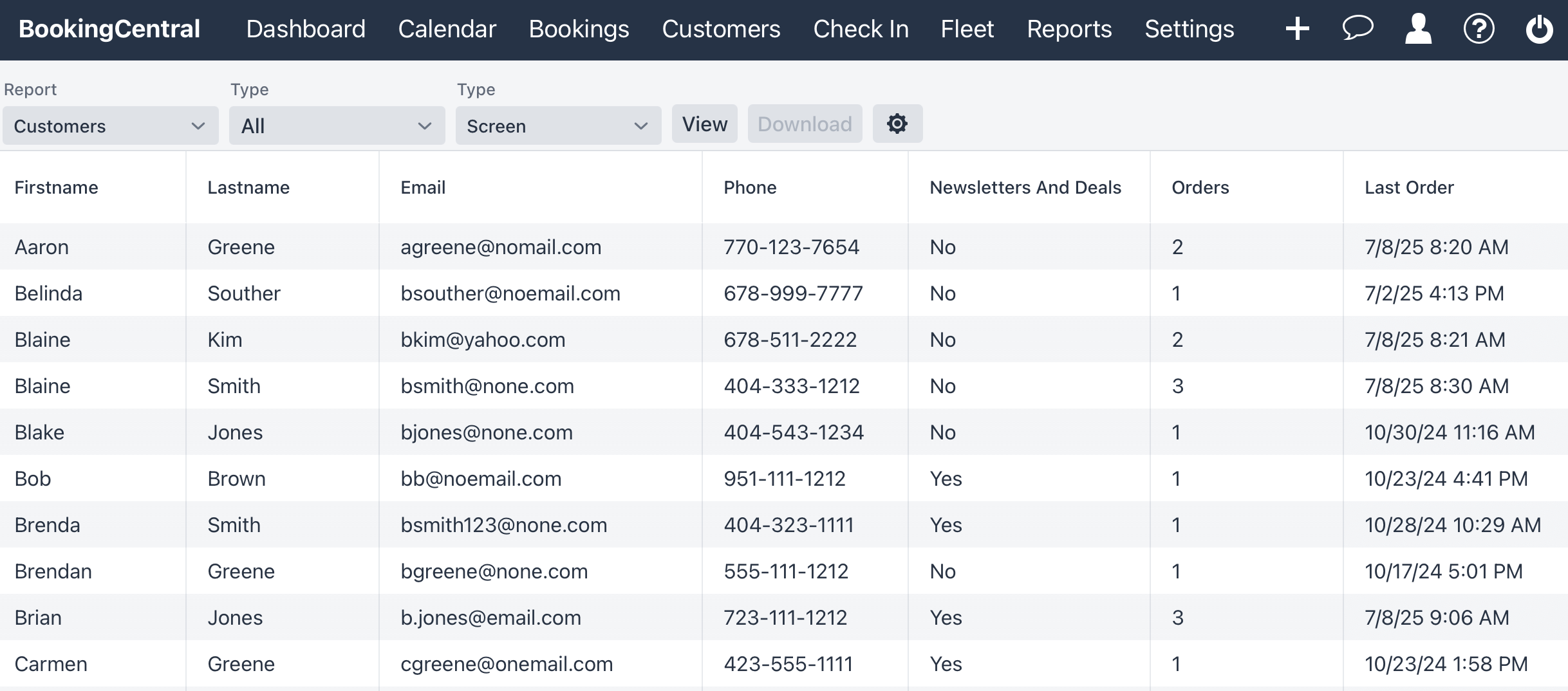 Customers Report - Screen view